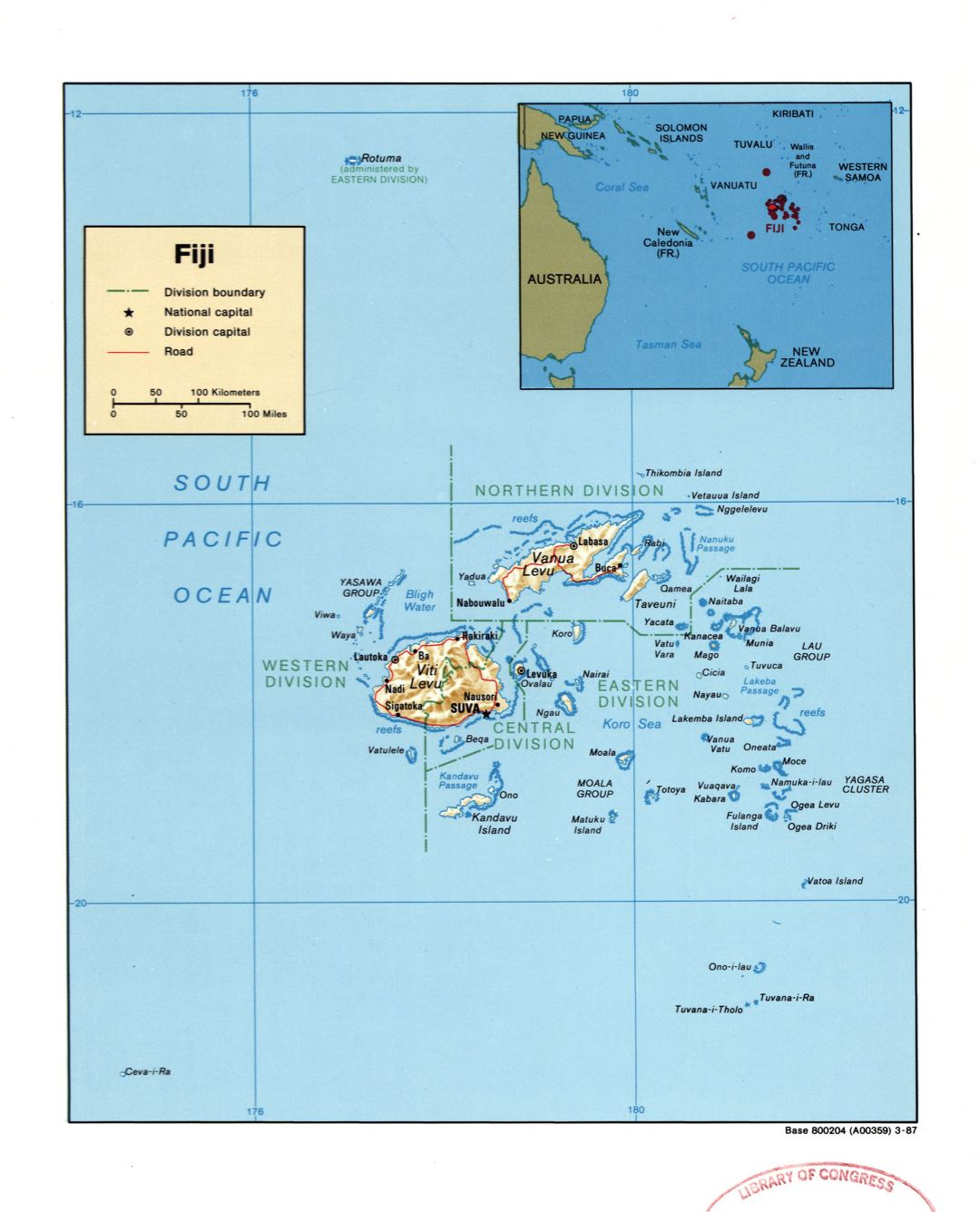 Large detailed political and administrative map of Fiji with relief, roads and major cities - 1987