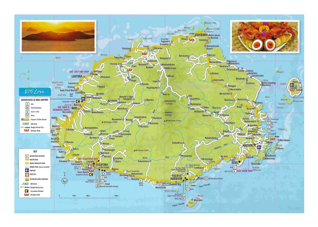 Large detailed tourist map of Viti Levu Island, Fiji with other marks