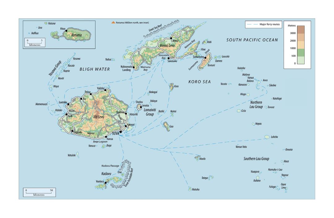 Large elevation map of Fiji with roads and cities