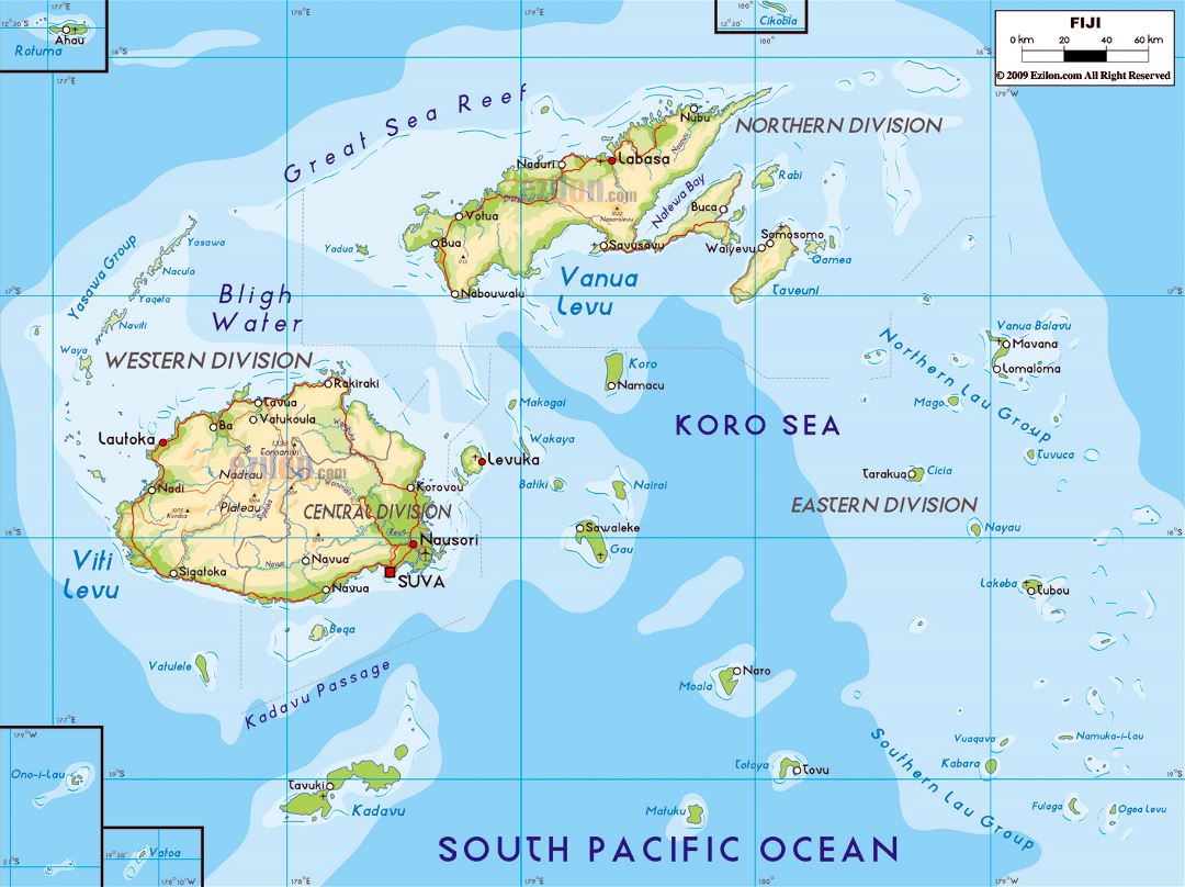 Large physical map of Fiji with roads, major cities and airports