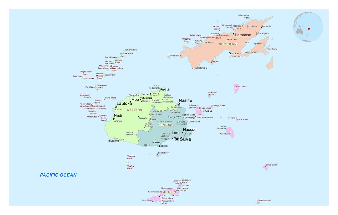 Large political and administrative map of Fiji with cities, towns and villages