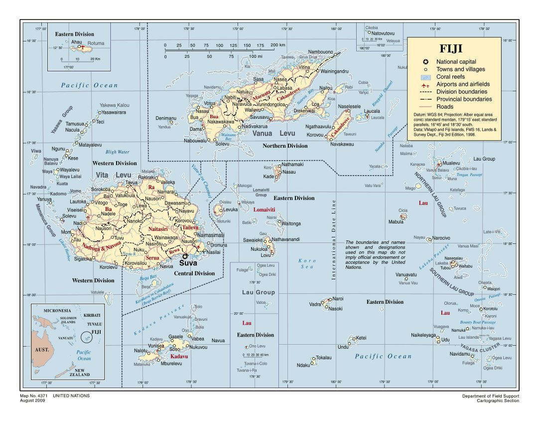 Large political and administrative map of Fiji with roads, cities and airports