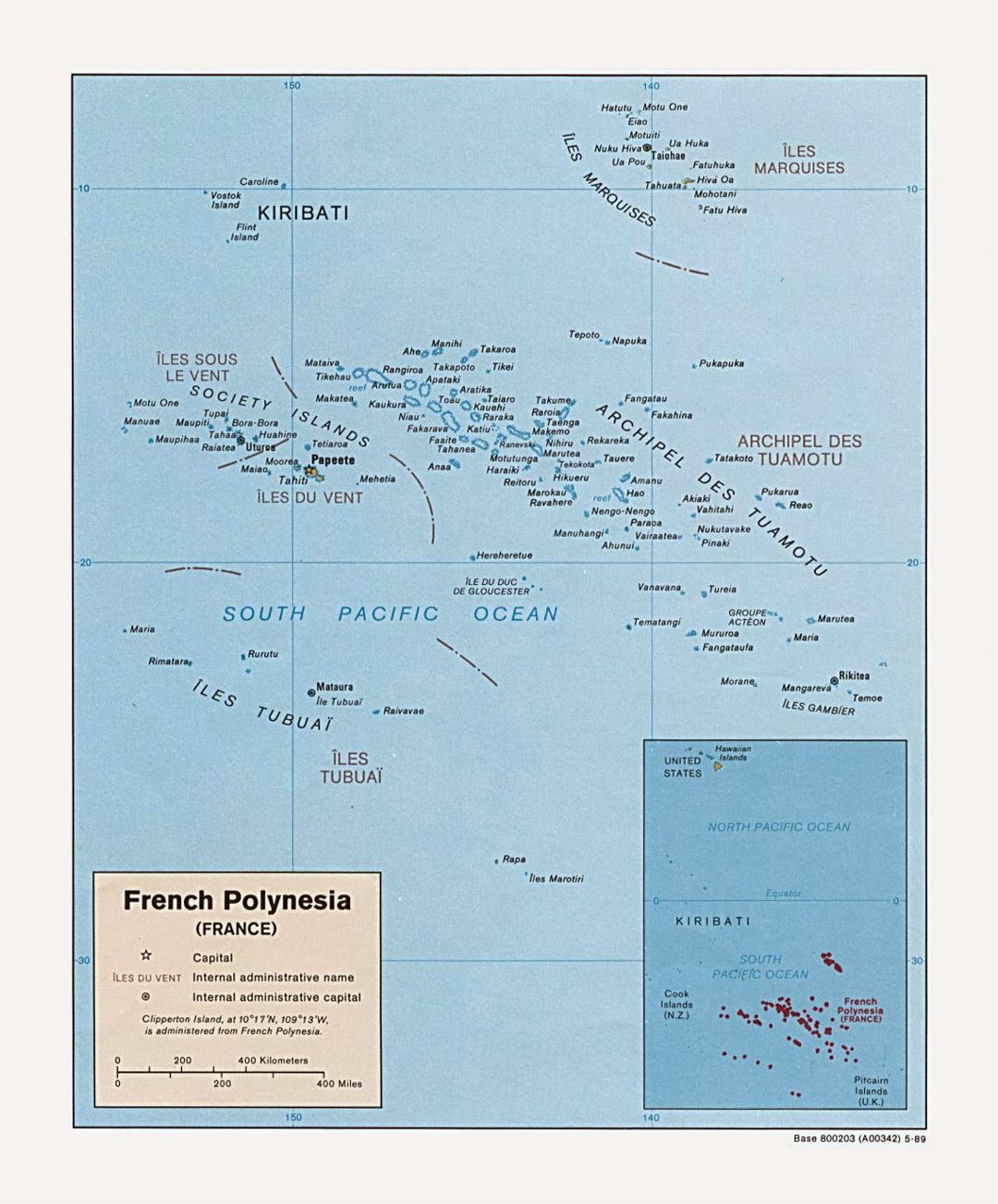 Detailed political map of French Polynesia with major cities - 1989