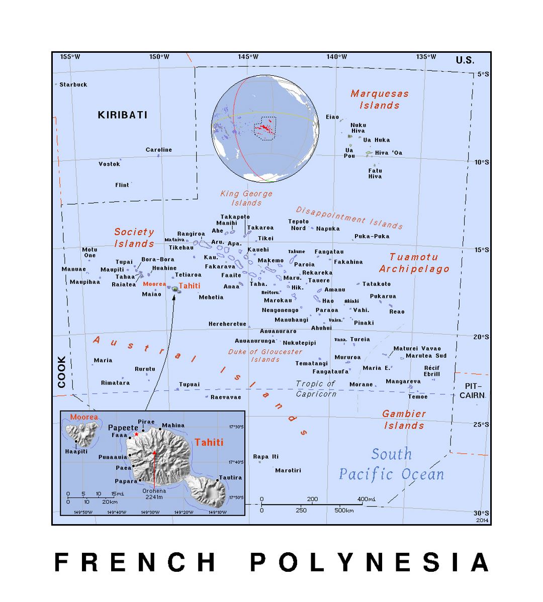 Detailed political map of French Polynesia with relief