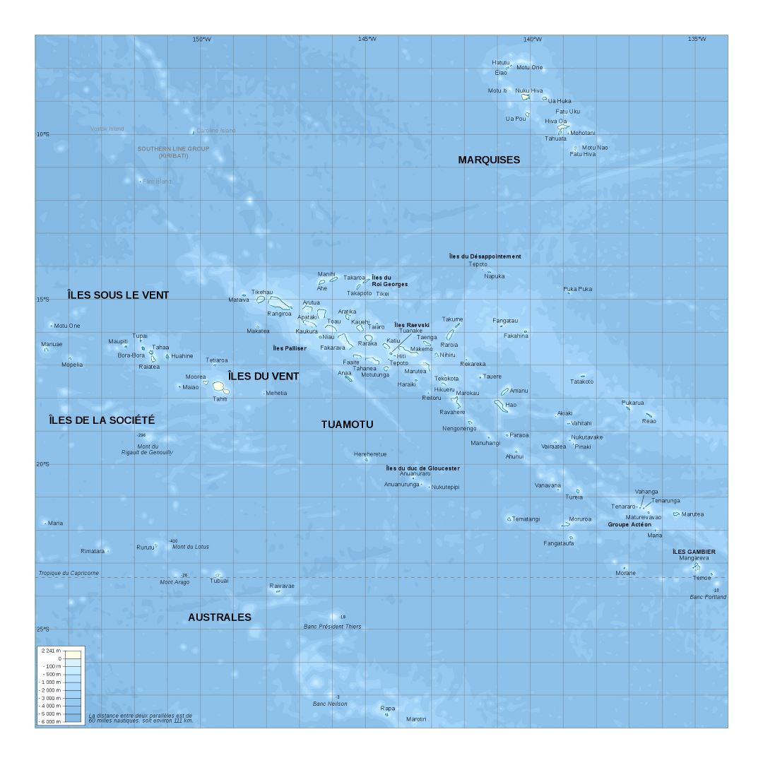 Large detailed elevation map of French Polynesia