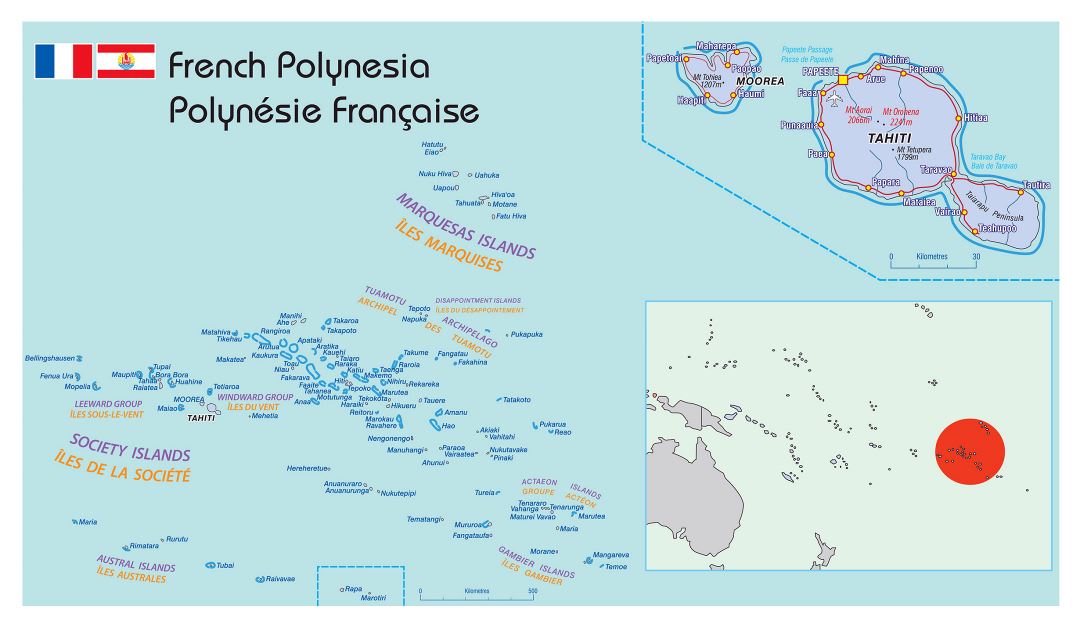 Large political map of French Polynesia