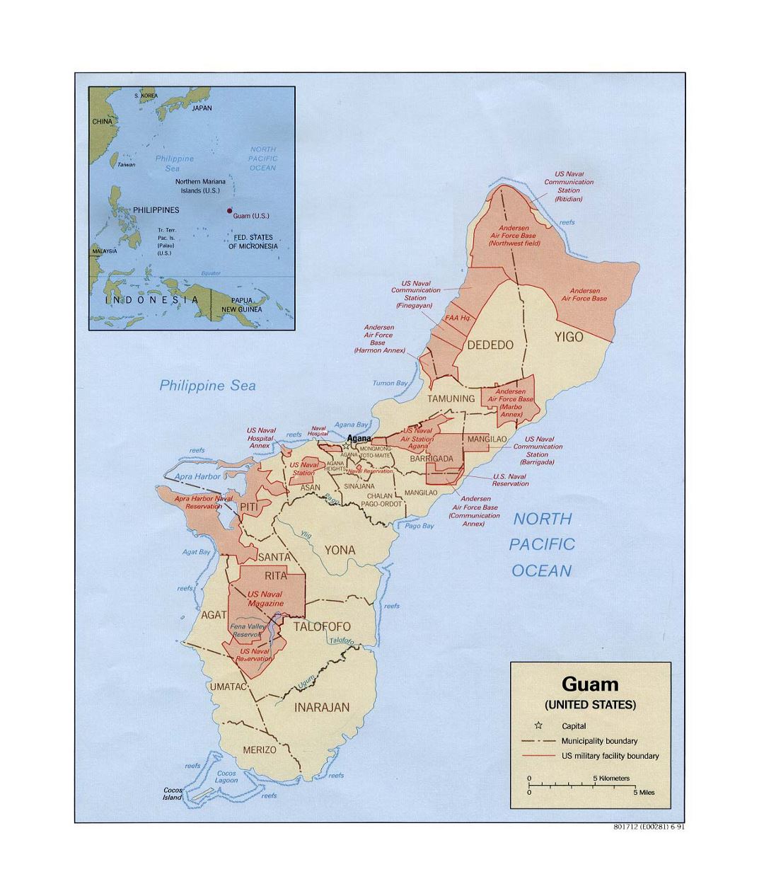 Detailed political and military map of Guam with other marks - 1991