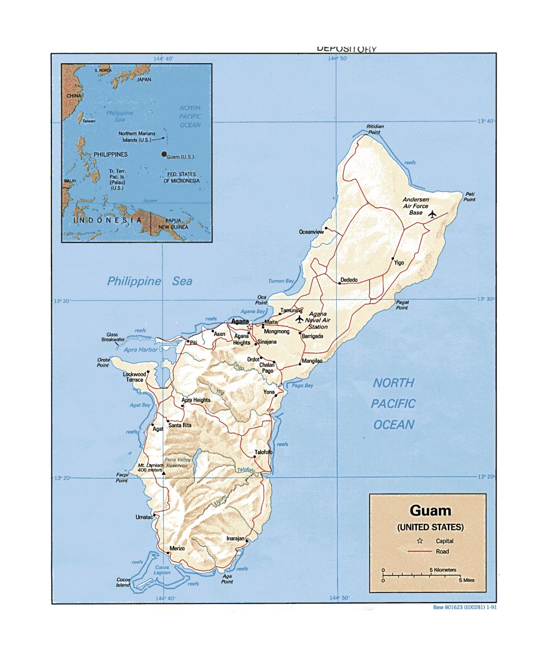 Detailed political map of Guam with relief, roads, cities and airports - 1991