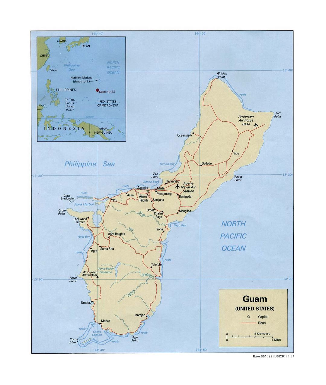 Detailed political map of Guam with roads, cities and airports - 1991