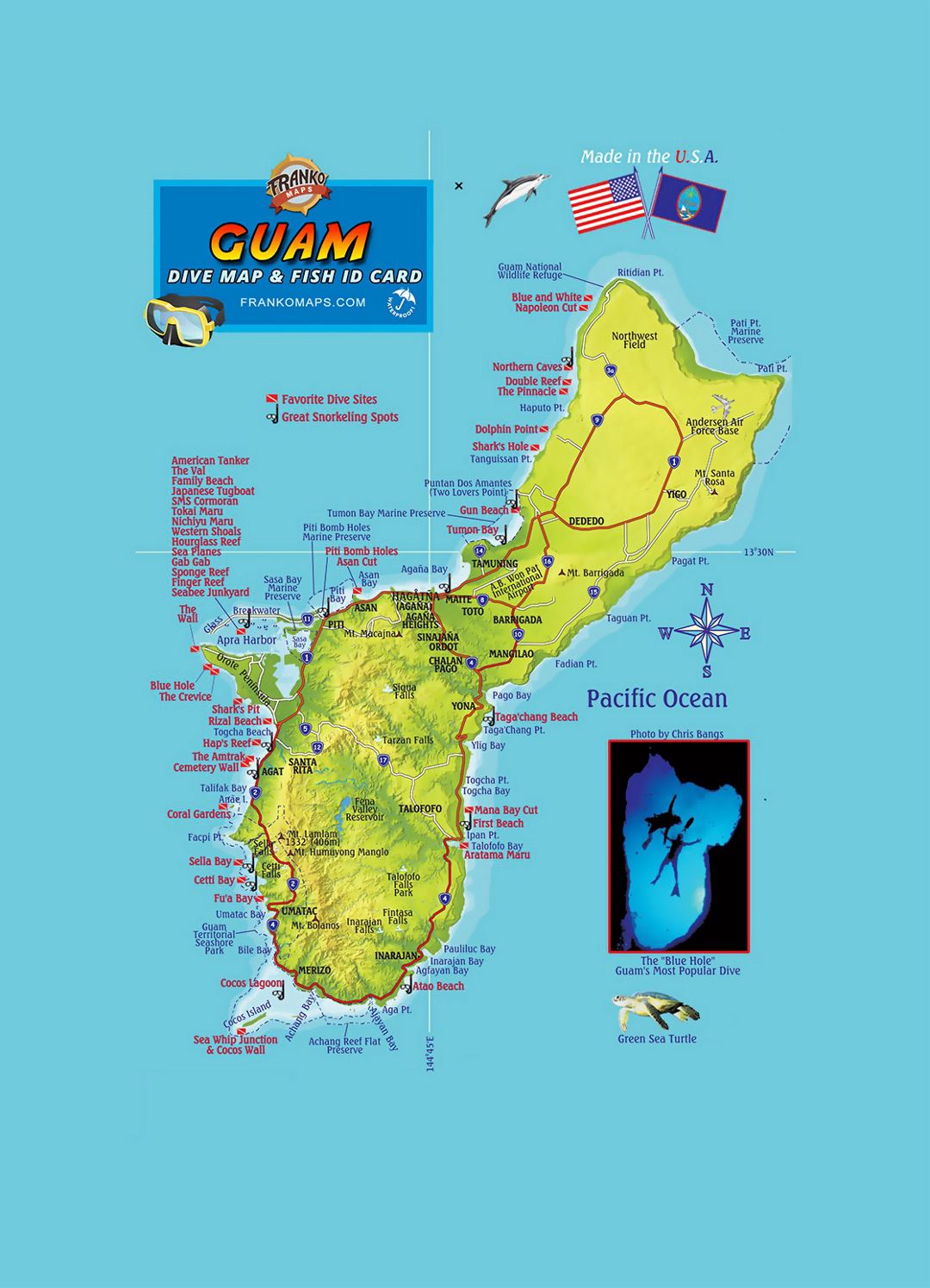 Detailed tourist map of Guam with relief, roads, cities and other marks
