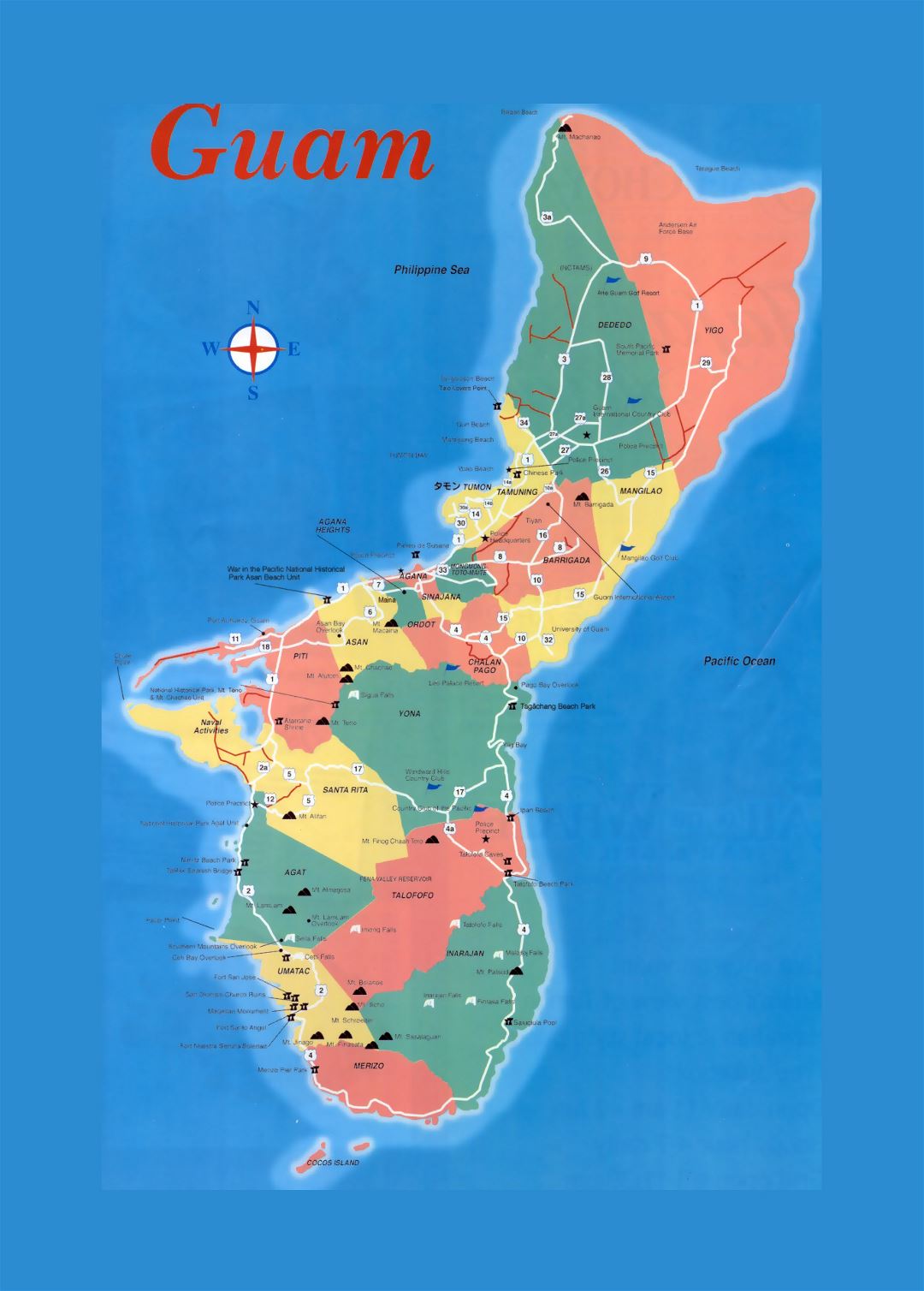 Large administrative map of Guam with roads and other marks