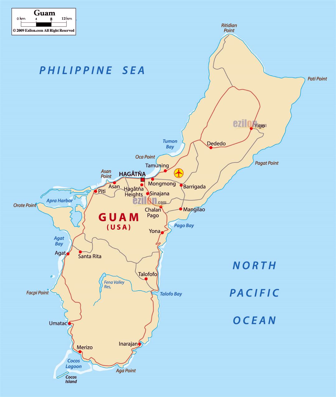 Large detailed road map of Guam with cities and airports