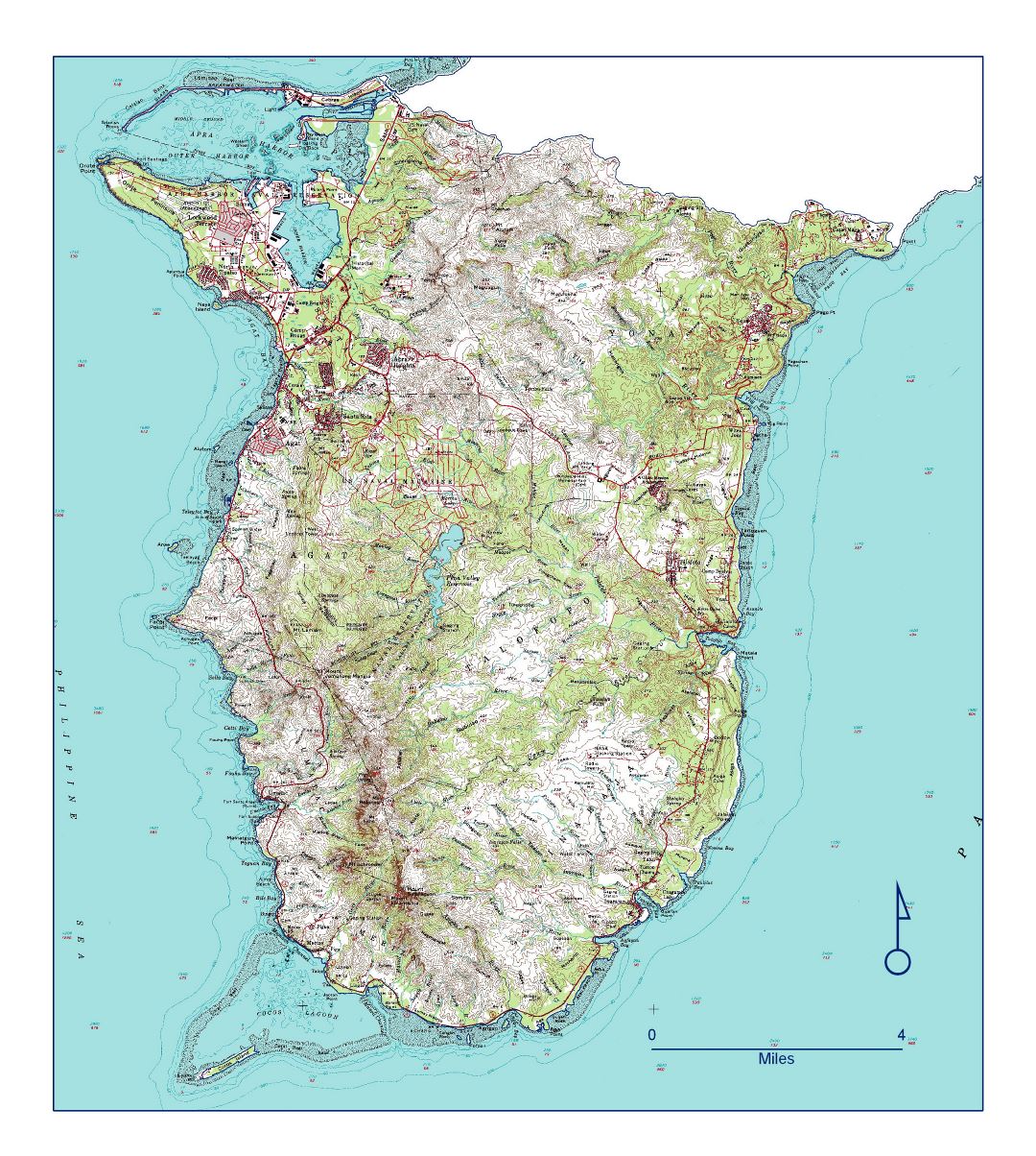 Large detailed topographical map of Southern Guam