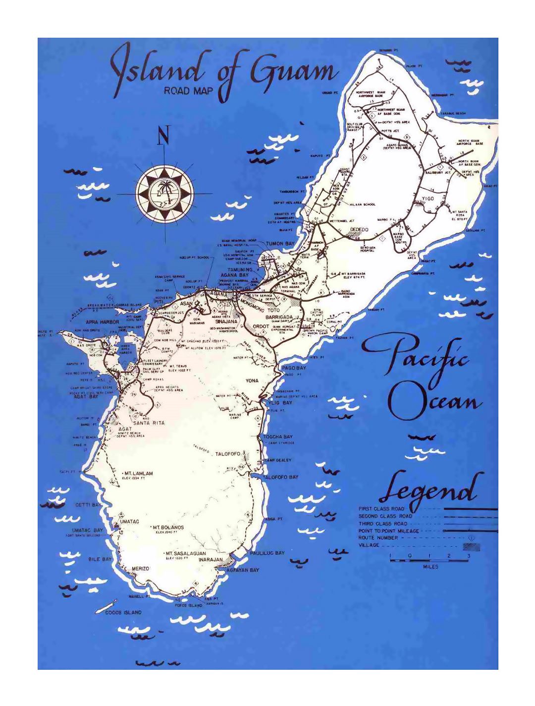 Large old road map of Guam with cities - 1950