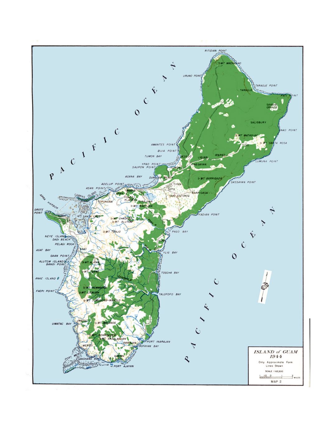 Large topographical map of Guam with other marks - 1944