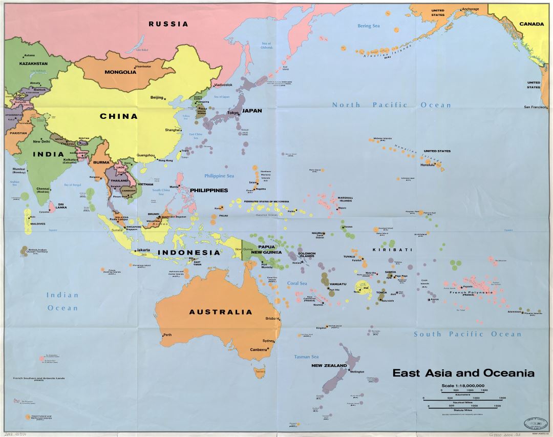 In high resolution detailed political map of East Asia and Oceania with the marks of capitals, large cities and names of countries - 2002