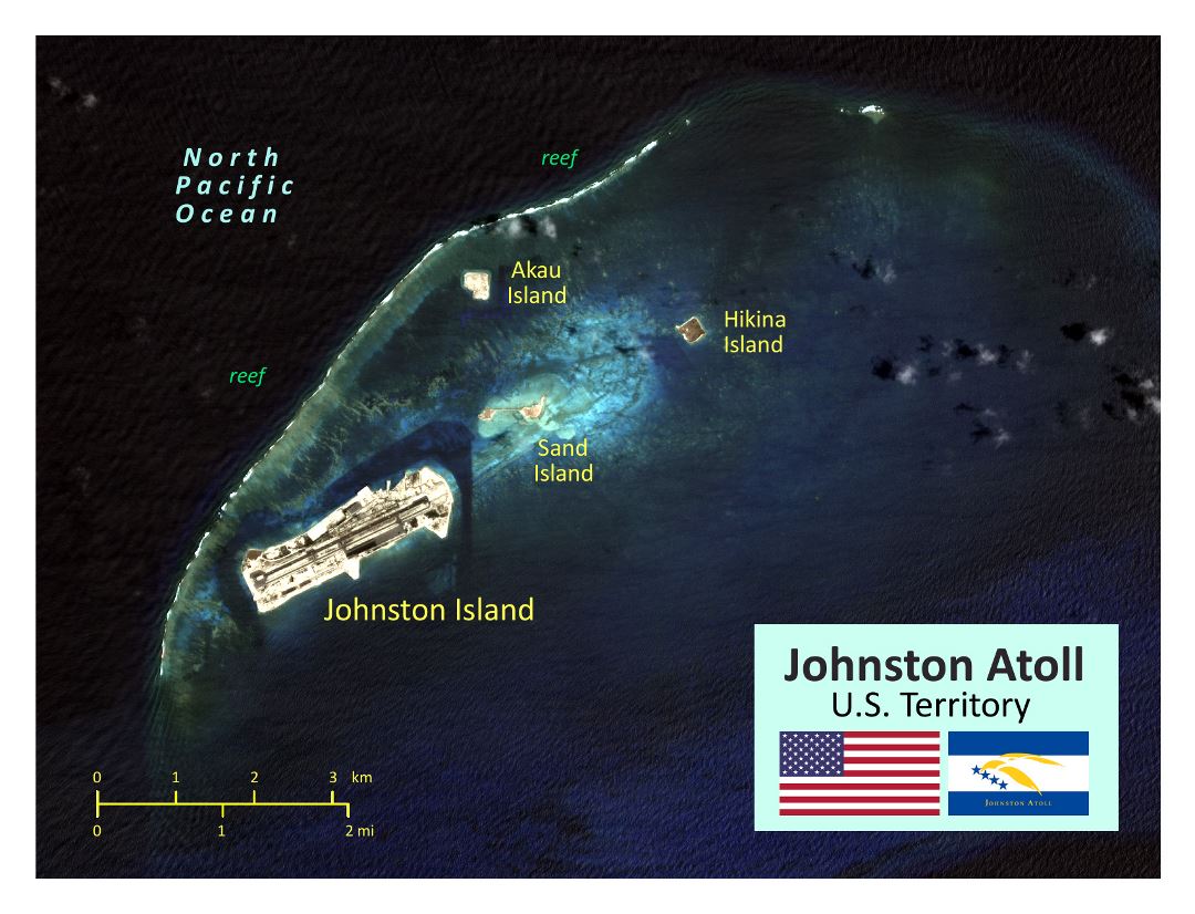 Large satellite map of Johnston Atoll with other marks