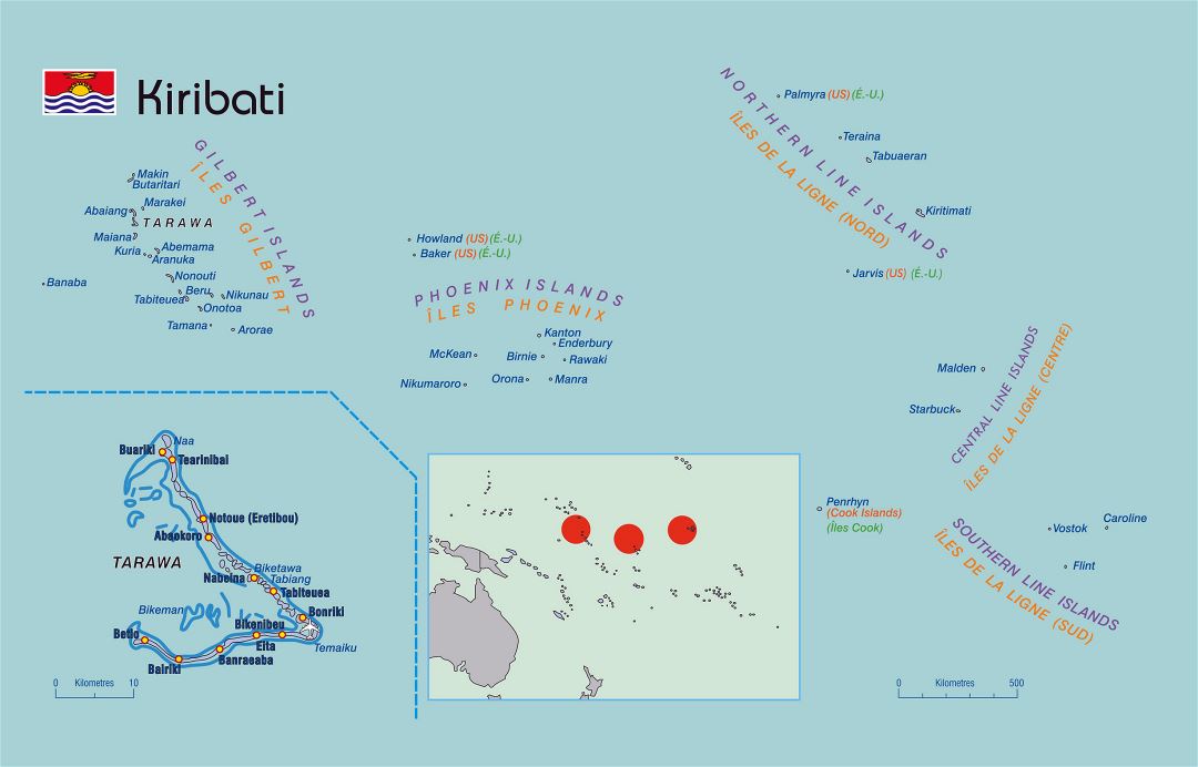 Large detailed political map of Kiribati with islands names