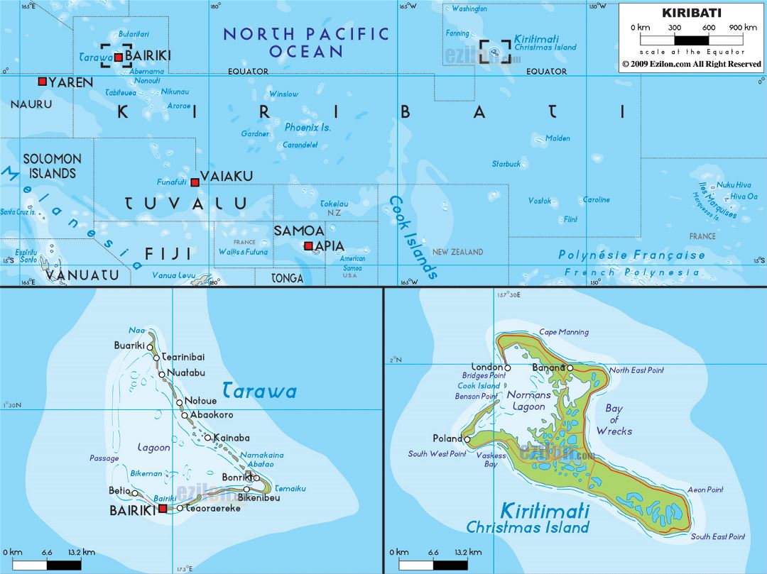 Large physical map of Kiribati with roads, cities and airports