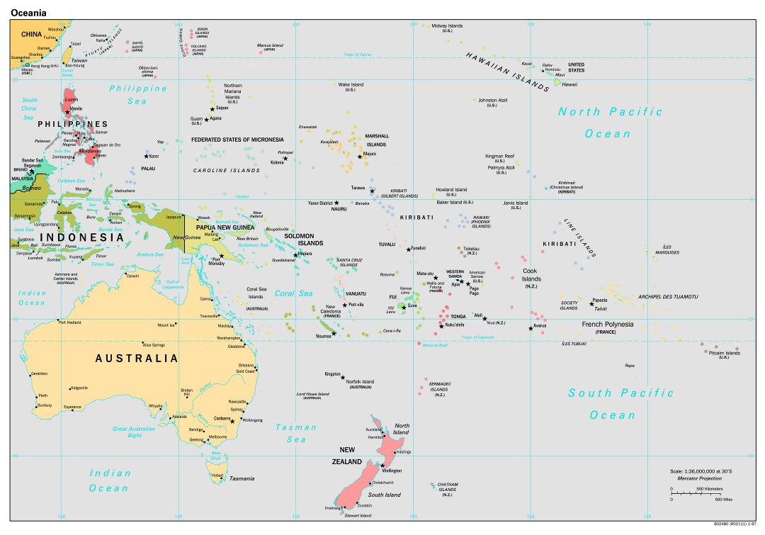 Large detailed political map of Australia and Oceania with capitals and major cities - 1997