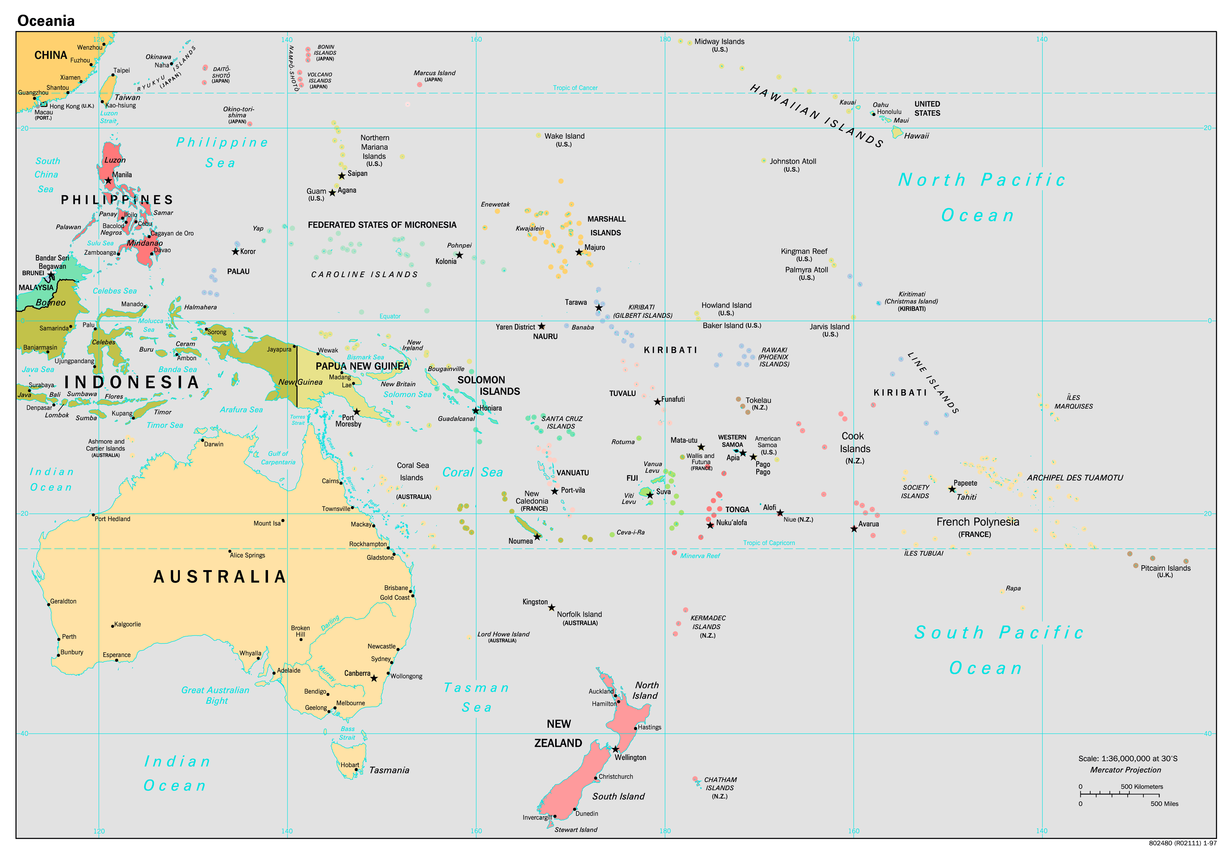 Large detailed political map of Australia and Oceania with capitals and