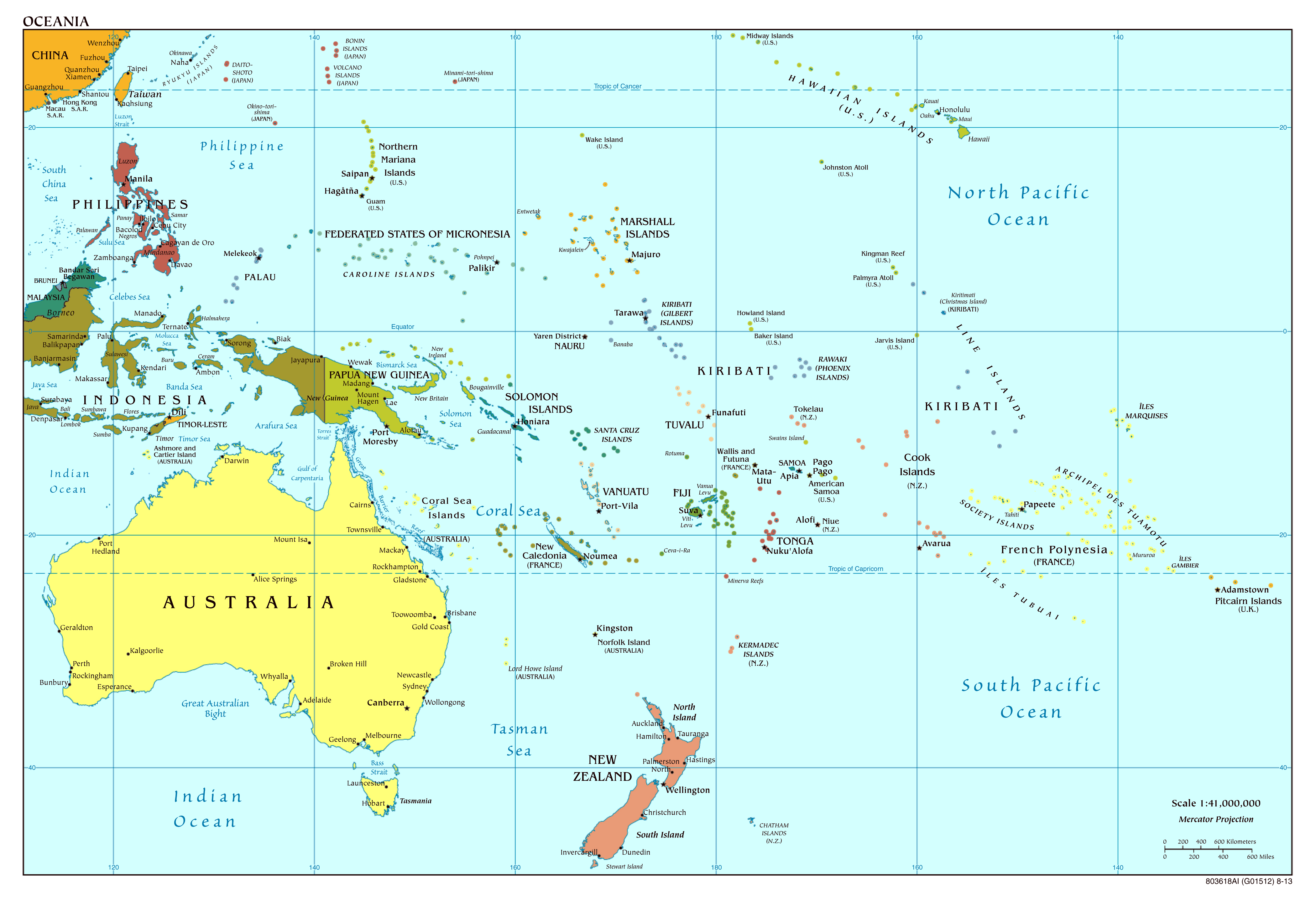Large detailed political map of Australia and Oceania with capitals and