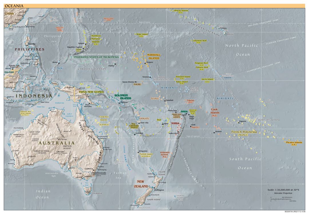 Large detailed political map of Australia and Oceania with relief - 2000