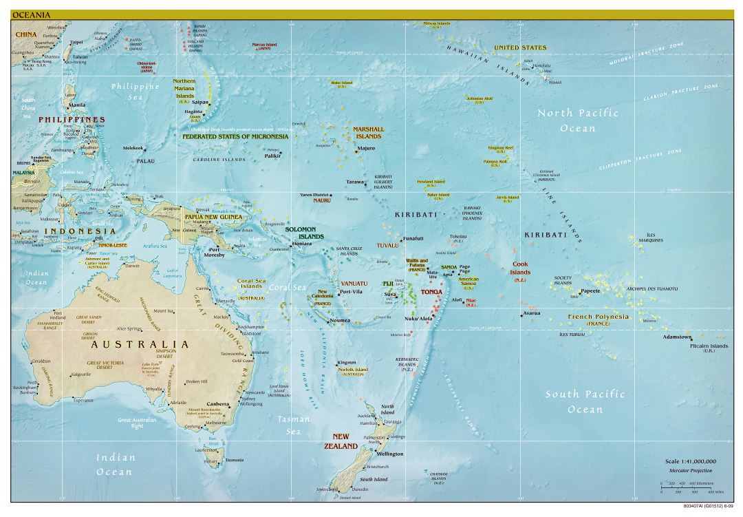 Large detailed political map of Australia and Oceania with relief - 2009