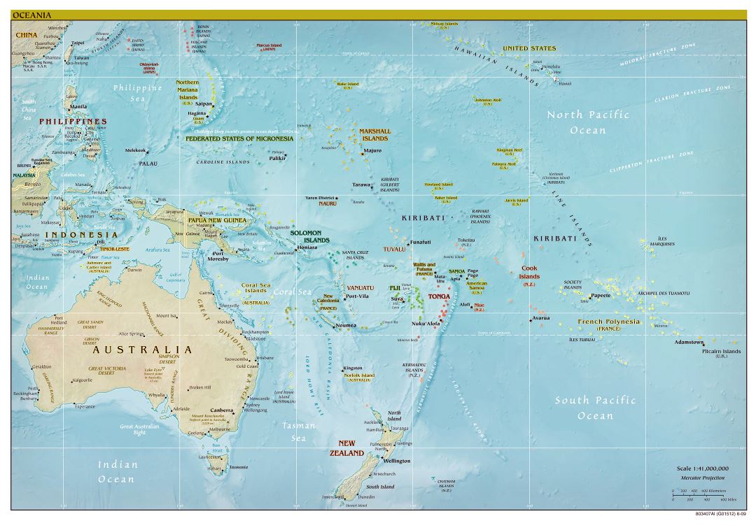 Large detailed political map of Australia and Oceania with relief - 2009