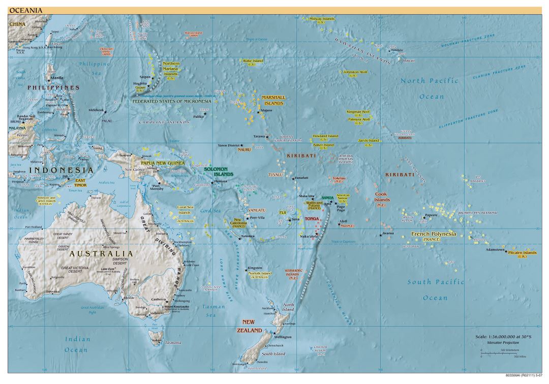 Large detailed political map of Australia and Oceania with relief and capitals - 2007