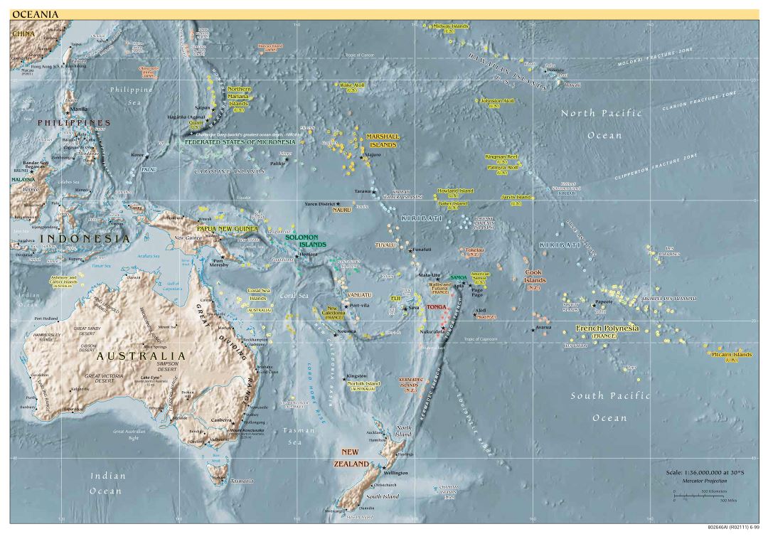 Large detailed political map of Australia and Oceania with relief, capitals and major cities - 1999