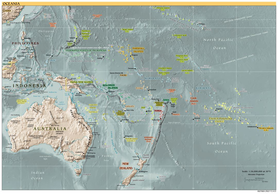 Large detailed political map of Australia and Oceania with relief, capitals and major cities - 2001