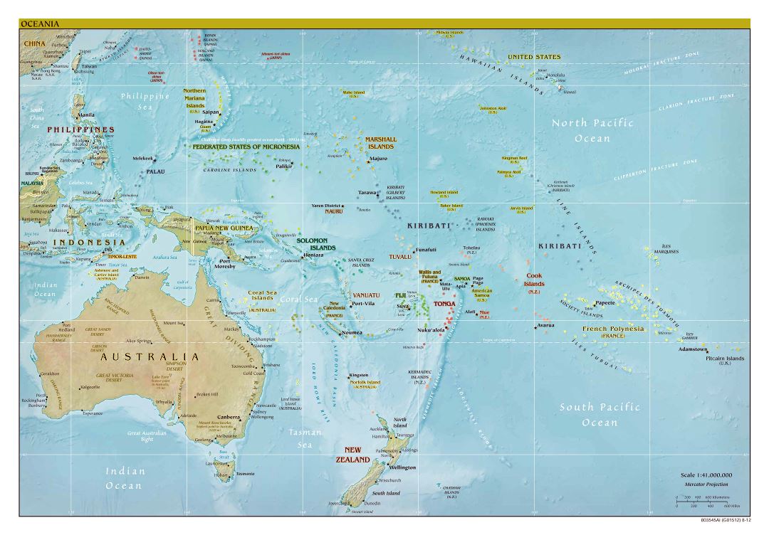 Large detailed political map of Australia and Oceania with relief, capitals and major cities - 2012