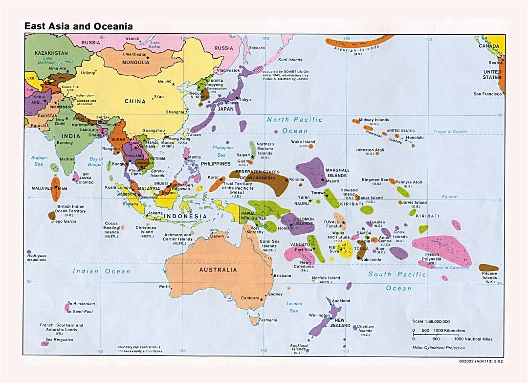 Large detailed political map of East Asia and Oceania with major cities and capitals - 1992