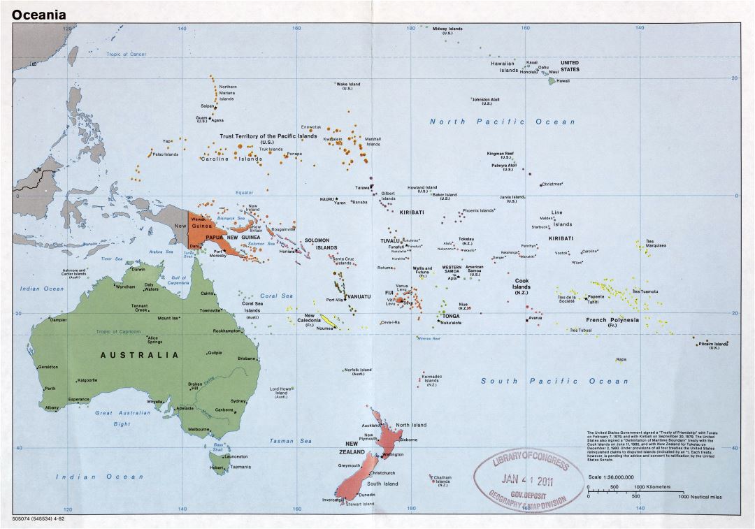 Large detailed political map of Oceania with major cities and capitals - 1982