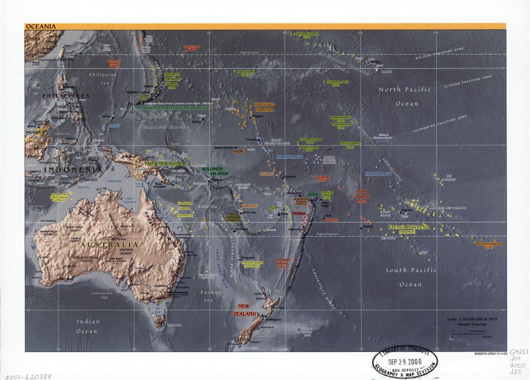 Large detailed political map of Oceania with relief, marks of capitals, large cities and names of states - 2000