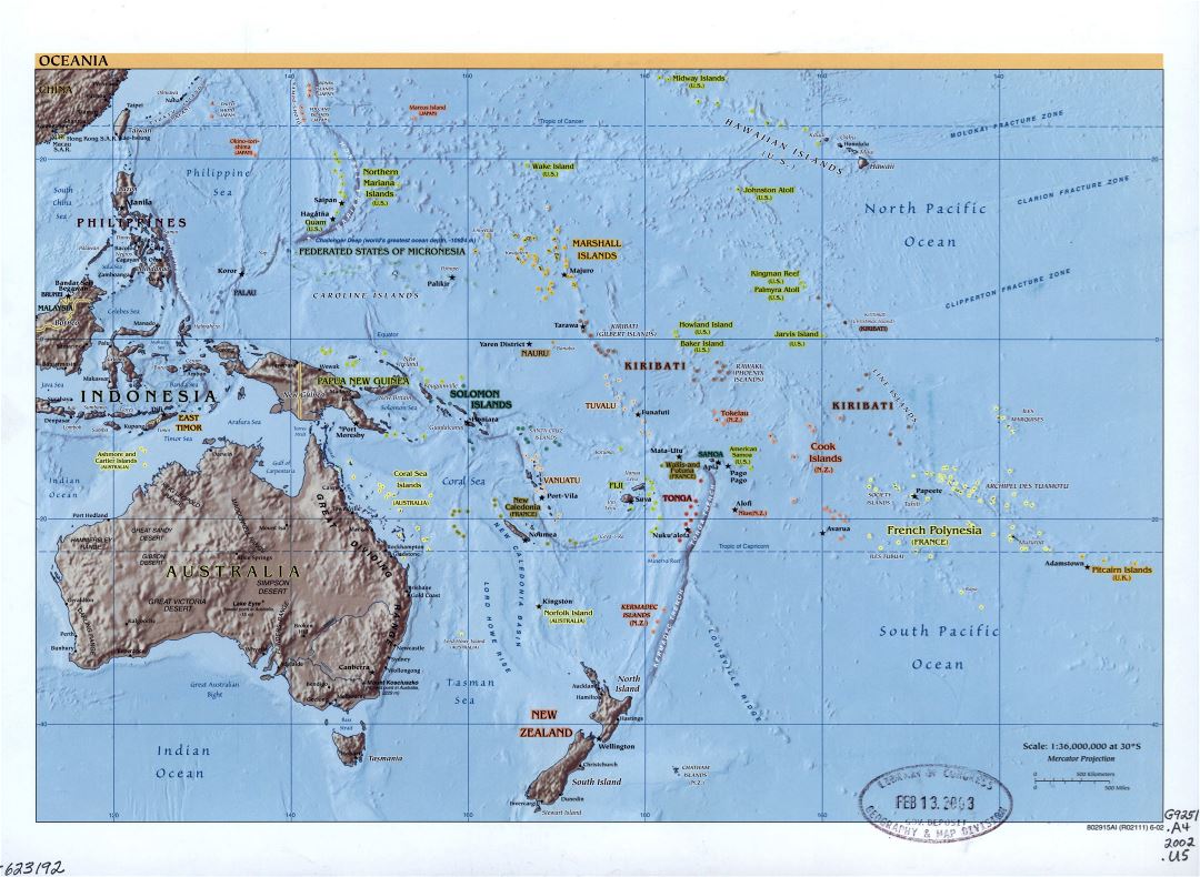 Large detailed political map of Oceania with relief, marks of capitals, large cities and names of states - 2002