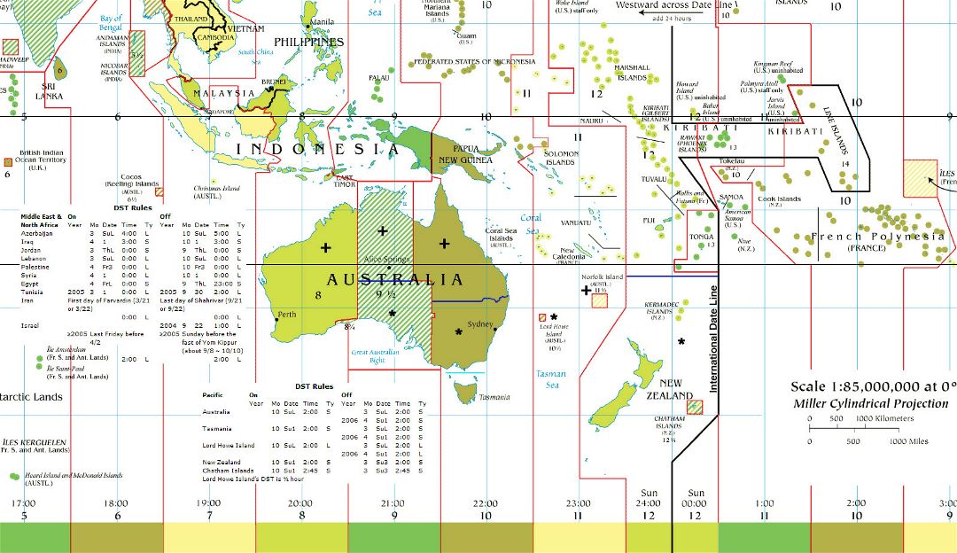 Large detailed Time Zones map of Australia and Oceania
