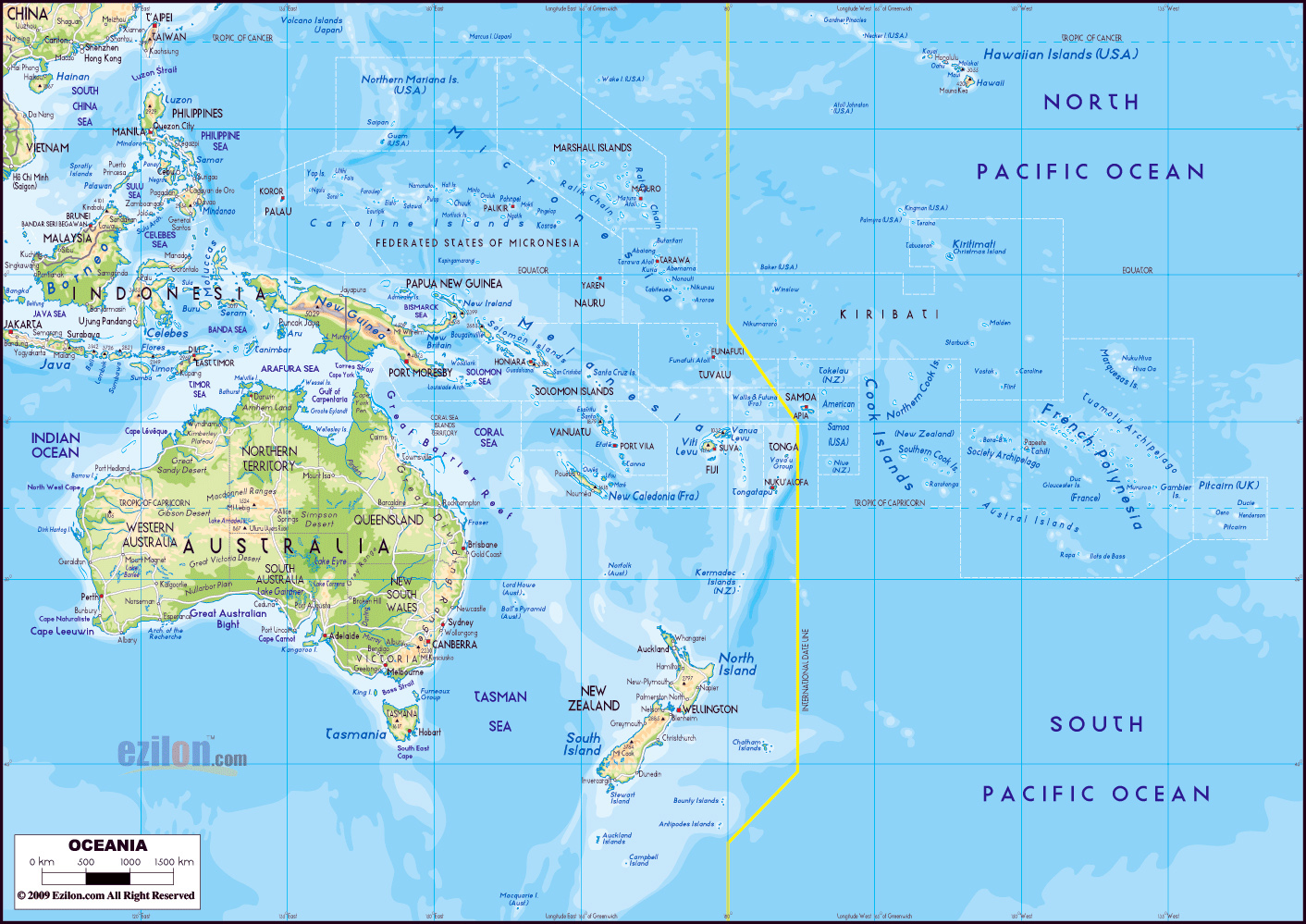 Large Physical Map Of Australia And Oceania With Major Roads And Major