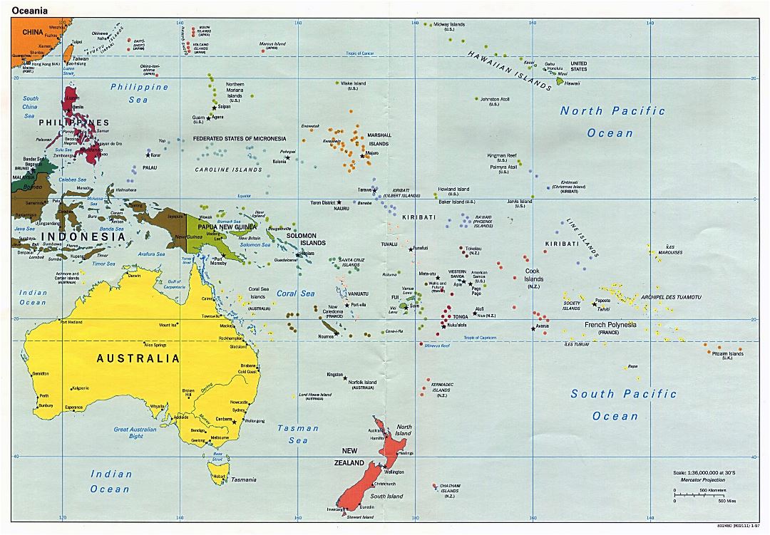 Large political map of Australia and Oceania with capitals - 1997