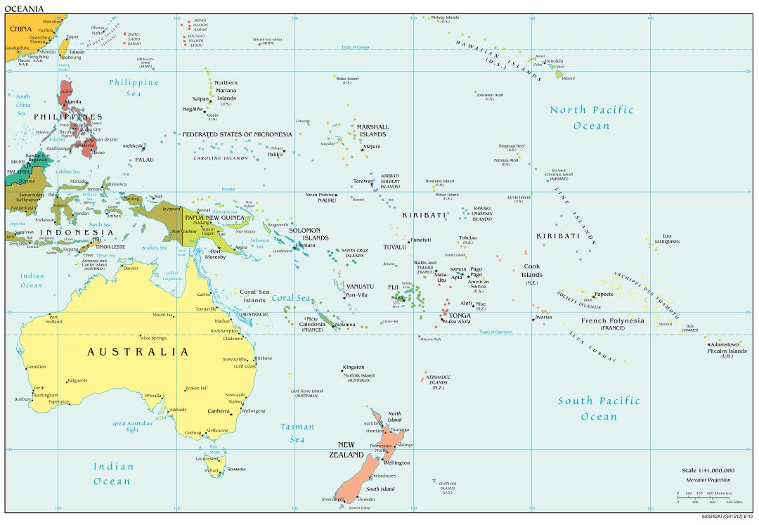 Large political map of Australia and Oceania with capitals - 2012