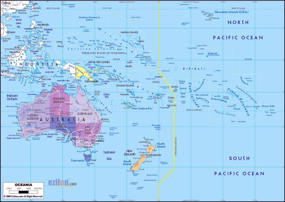 Large political map of Australia and Oceania with major roads and major cities