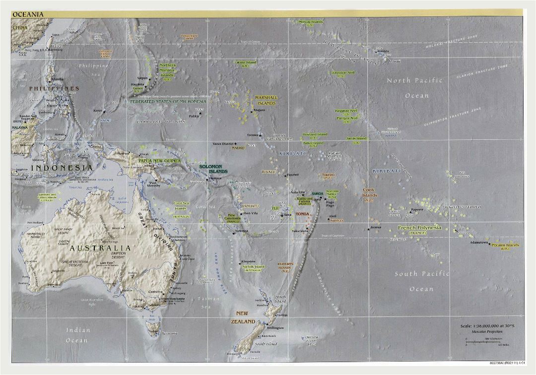 Large political map of Australia and Oceania with relief, major cities and capitals - 2001