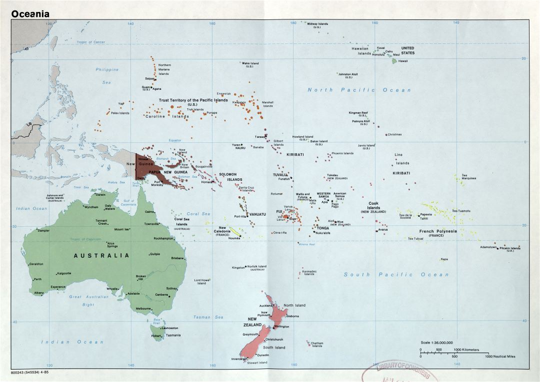 Large scale detailed political map of Oceania with capitals and major cities - 1985