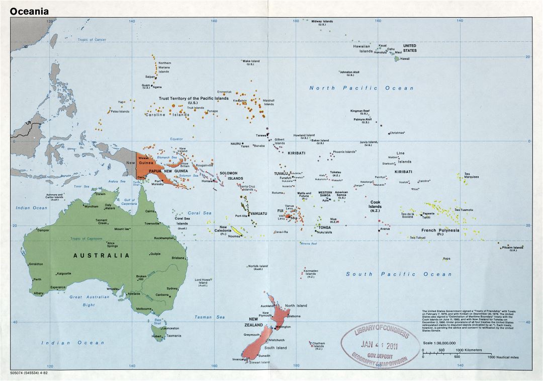 Large scale detailed political map of Oceania with major cities and capitals - 1982