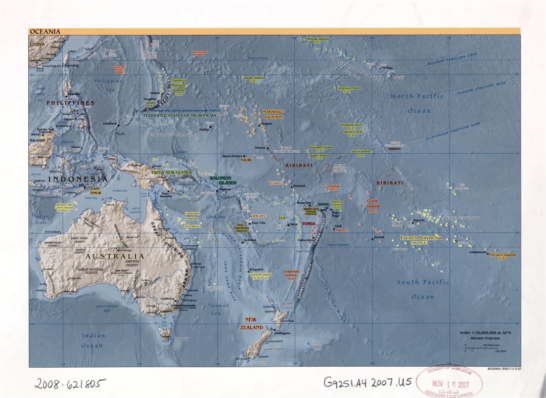 Large scale political map of Oceania with relief, marks of capitals, large cities and names of states - 2007