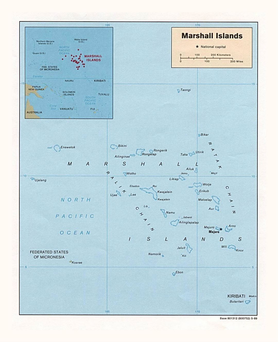 Detailed political map of Marshall Islands with island names and capital - 1989