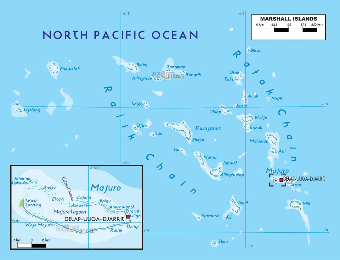 Large physical map of Marshall Islands with other marks