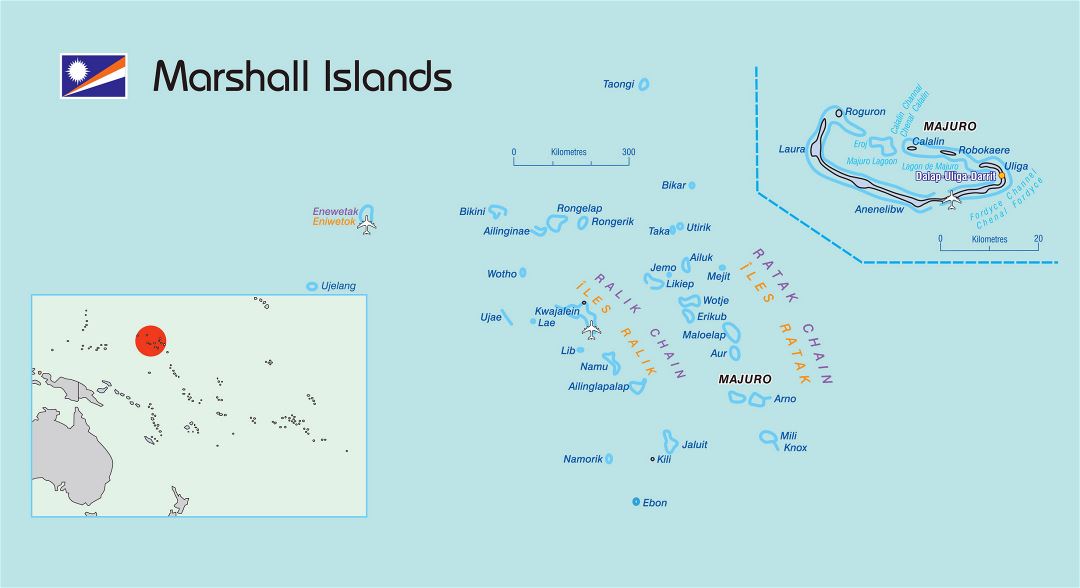 Large political map of Marshall Islands with airports and other marks