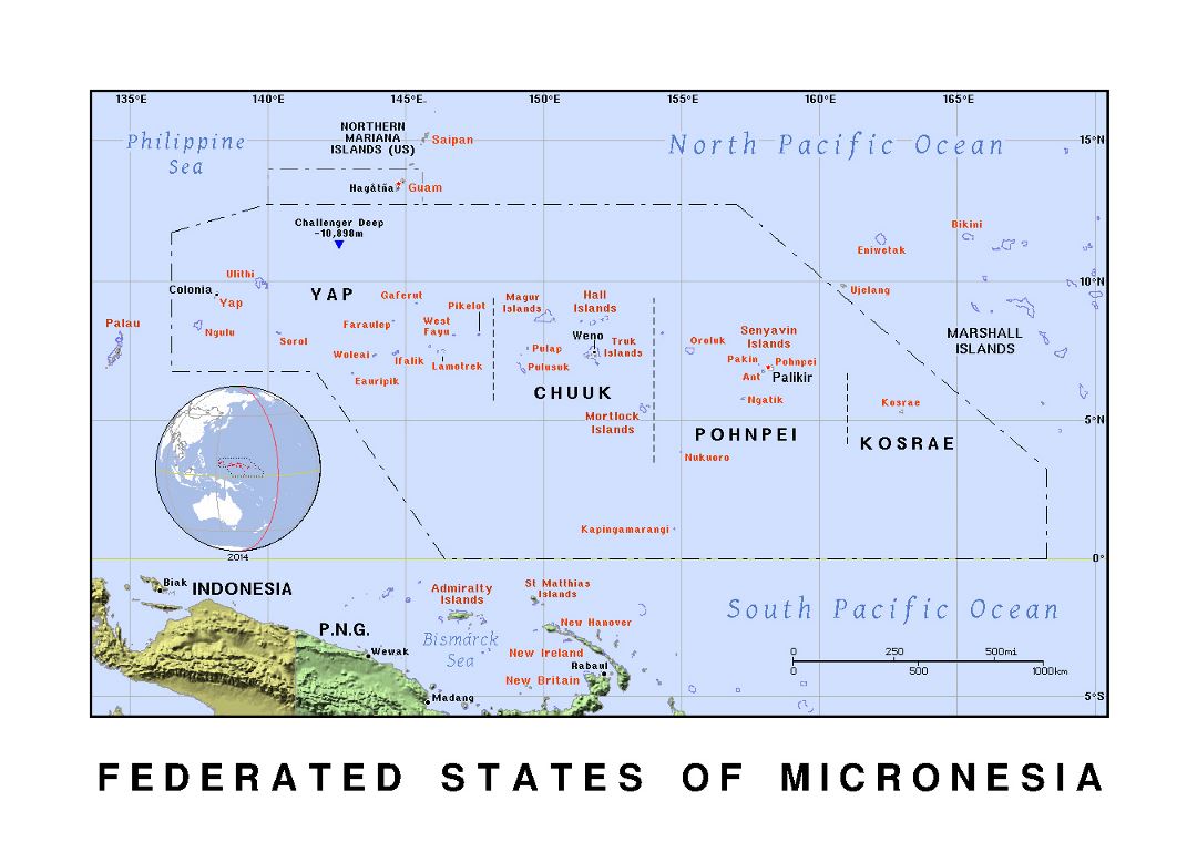 Detailed political map of Federated States of Micronesia with relief